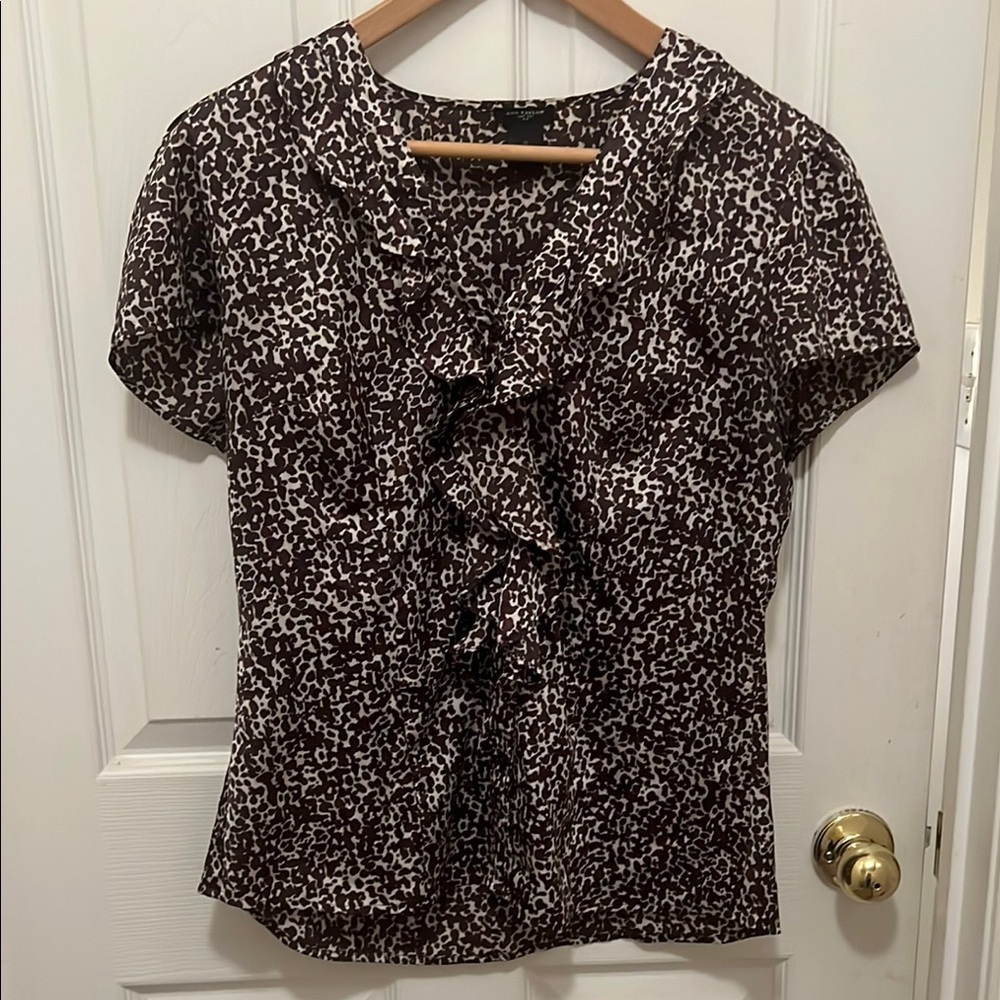 Ann Taylor 10 Brown and Beige  Ruffled Fitted Blouse